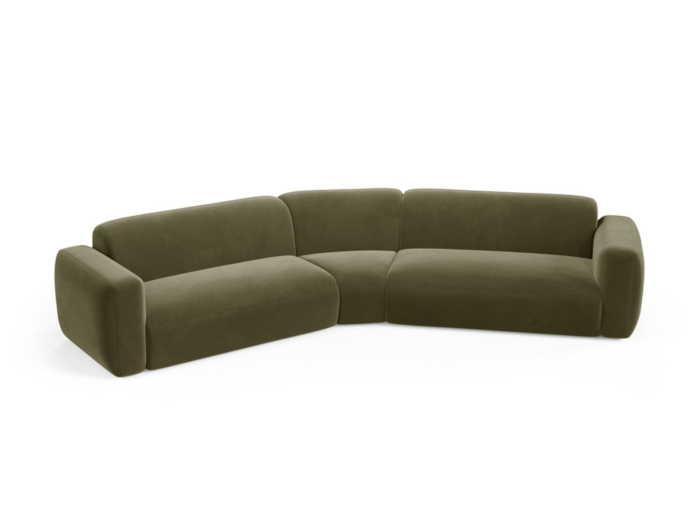 Modulares 3-Sitzer Ecksofa aus Strino Velour in ansprechendem Grün-Salvador, perfekt für zeitgemäße Wohnkonzepte.