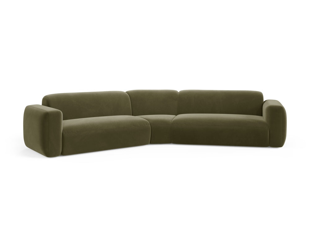 Elegantes Strino Velour Ecksofa in symmetrischer Form, ideal für moderne Wohnräume, präsentiert in stilvollem Grün-Salvador.