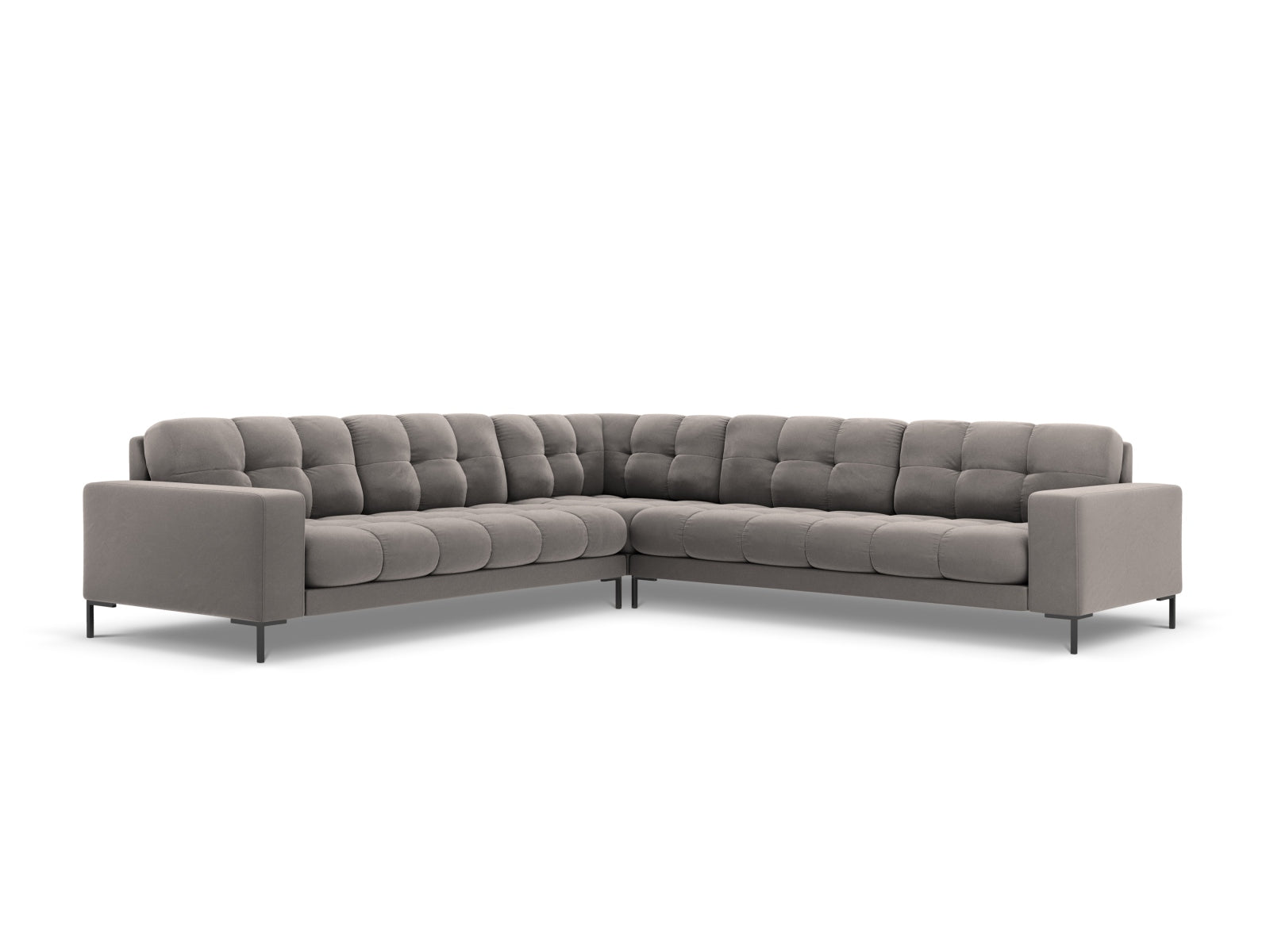 Elegantes 6-Sitzer Ecksofa Symmetric Bali in sanftem Light Grey-Bluvel, ideal für stilvolle Wohnräume und gemütliche Abende.