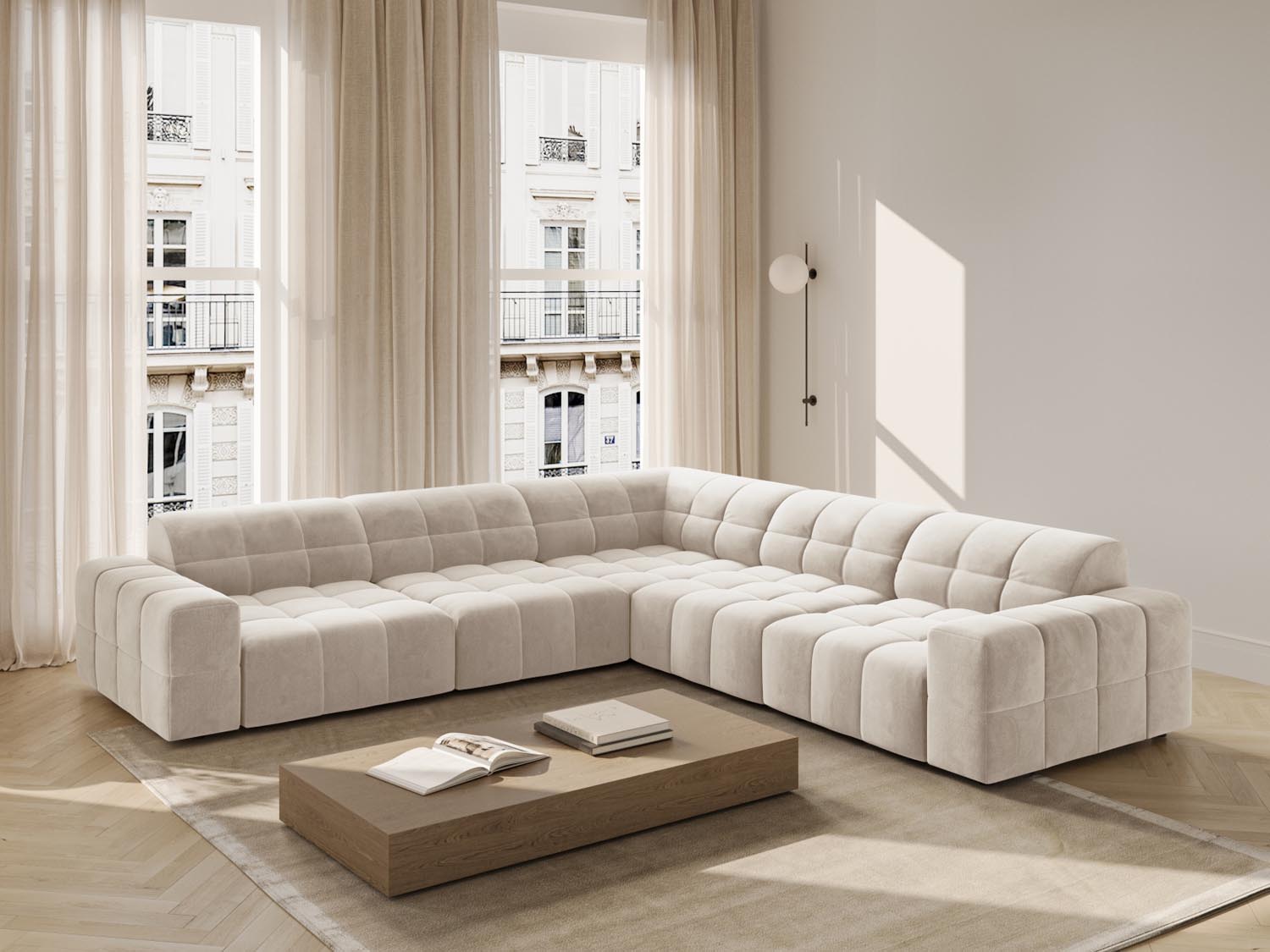 Elegantes Chicago Ecksofa in Light Beige-Bluvel, 4-Sitzer, 287 cm, stilvoll und modern, ideal für jedes Wohnzimmer.