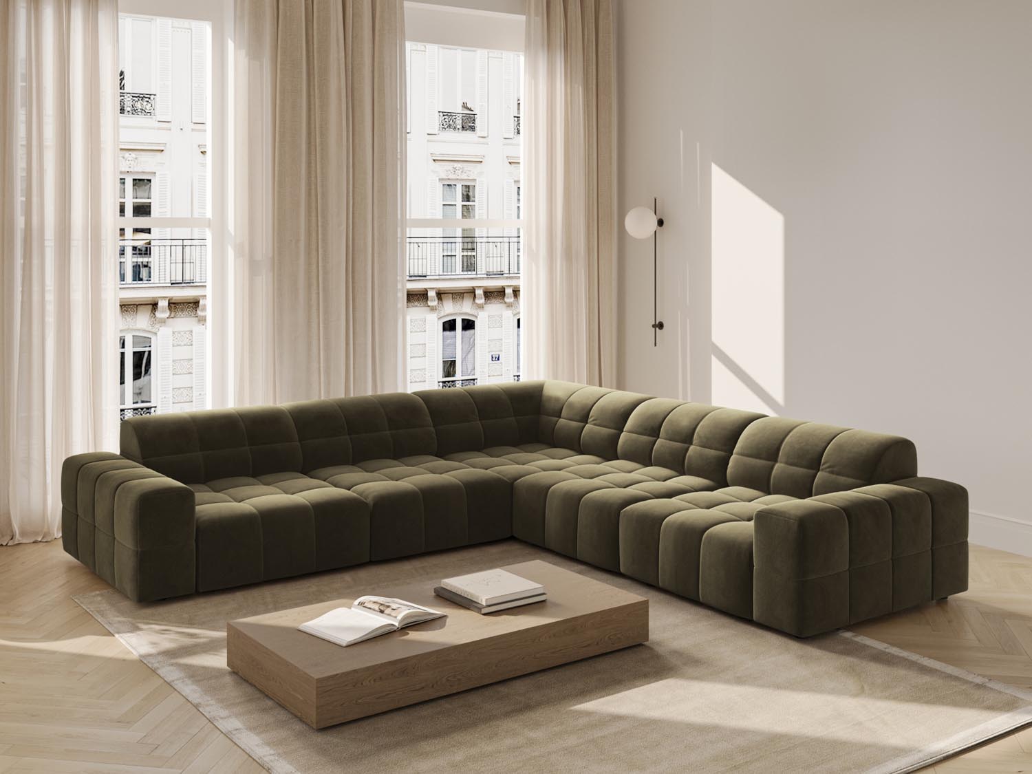 Elegantes Chicago Ecksofa in Green-Bluvel, 4-Sitzer mit 287 cm, ideal für stilvolle Wohnräume, präsentiert von Cosmopolitan Design.