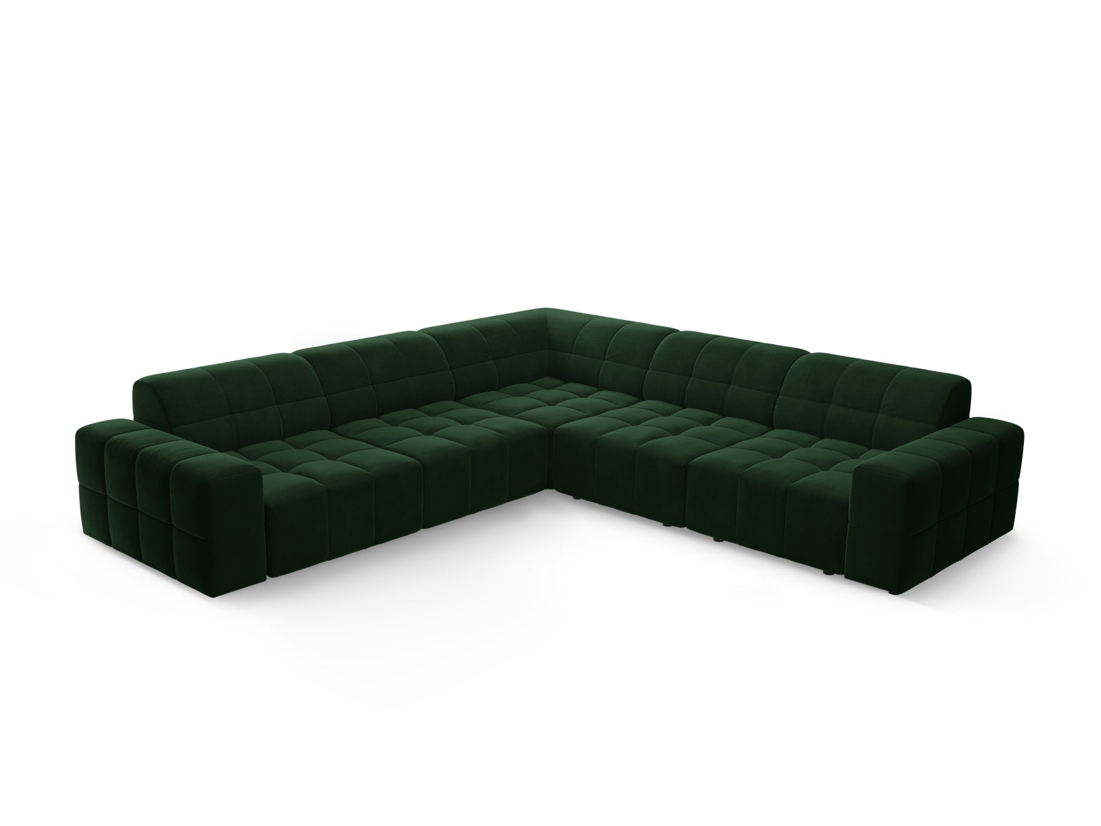 Modernes Chicago Ecksofa in Bottle Green-Bluvel, 4-Sitzer, 287 cm, perfekt für gemütliche und stilvolle Wohnlandschaften.