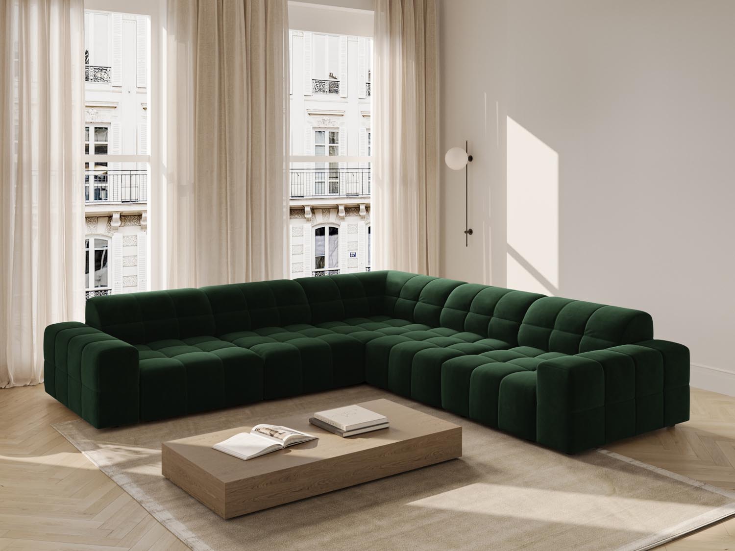 Elegantes Chicago Ecksofa in Bottle Green-Bluvel, ideal für stilvolle Wohnräume, präsentiert in einem modernen Ambiente.