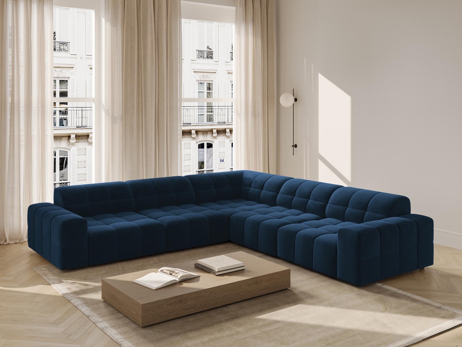 Elegantes Chicago Ecksofa in Royal Blue-Bluvel, 4-Sitzer, 287 cm, stilvoll und modern, ideal für jedes Wohnzimmer.