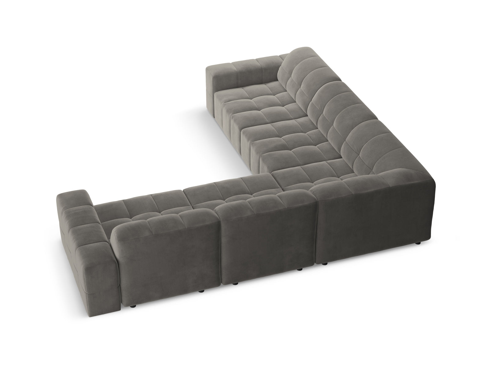 Modernes Chicago Ecksofa in sanftem Light Grey-Bluvel, ideal für gemütliche Zusammenkünfte und stilvolle Wohnräume, für bis zu vier Personen.