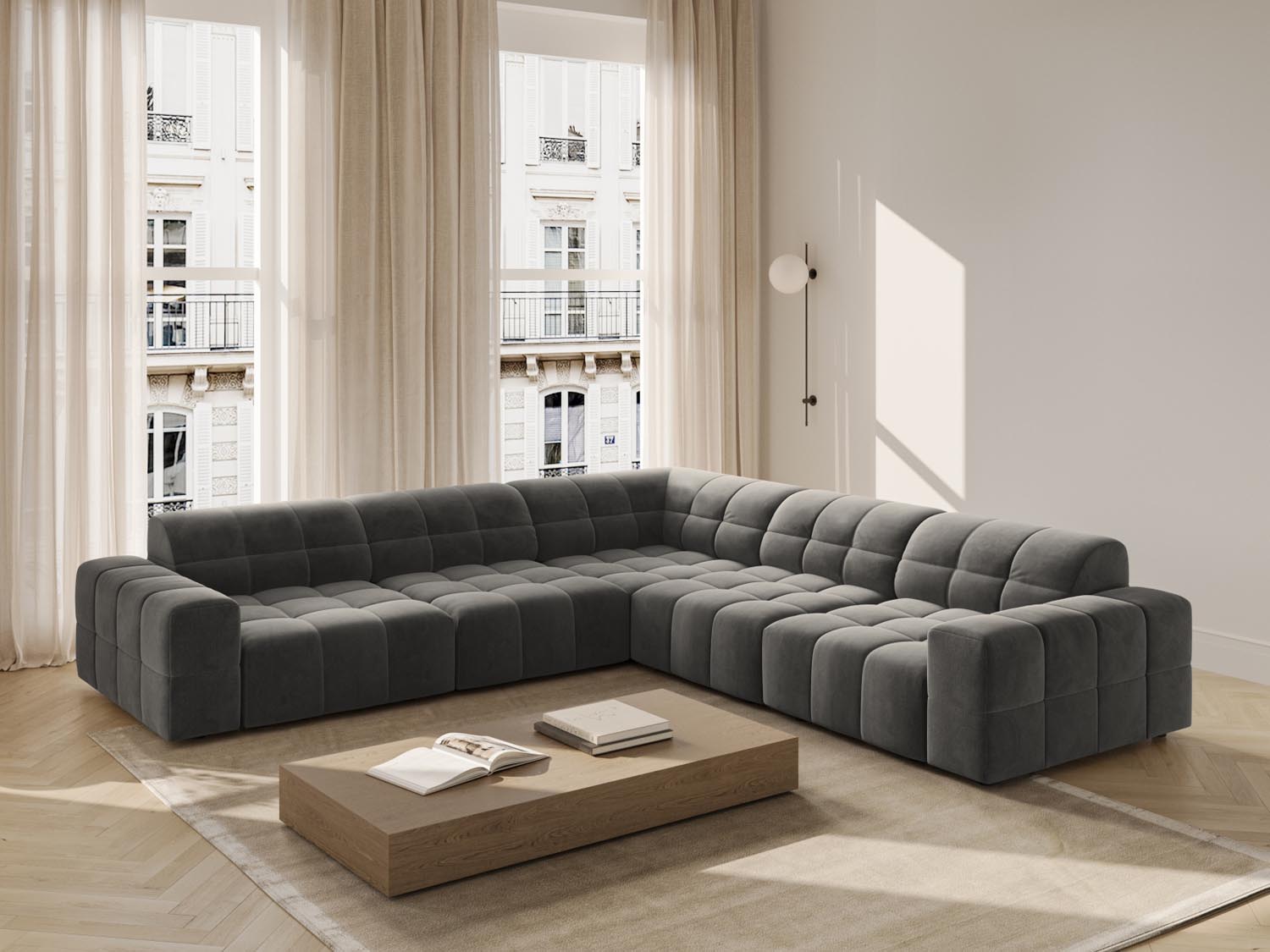 Stylisches Chicago Ecksofa in Light Grey-Bluvel, ideal für moderne Wohnräume, bietet Platz für vier Personen und vereint Komfort mit elegantem Design.
