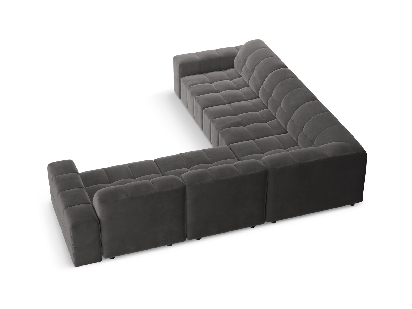 Modernes Chicago Ecksofa in Grey-Bluvel, 4-Sitzer, 287 cm, ideal für gemütliche und stilvolle Wohnräume, entworfen von Cosmopolitan Design.