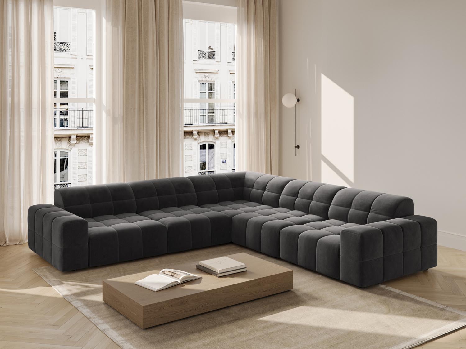 Stylisches Chicago Ecksofa in Grey-Bluvel, 4-Sitzer, 287 cm, ideal für moderne Wohnräume, präsentiert von Cosmopolitan Design.