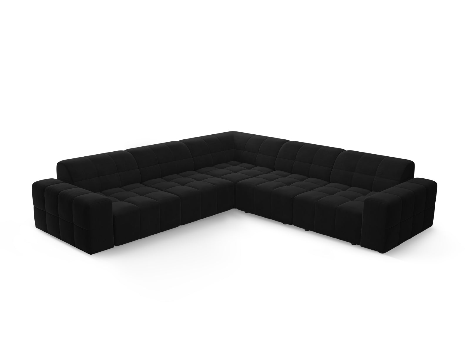 Modernes Chicago Ecksofa in Schwarz-Bluvel, 4-Sitzer, perfekt für gemütliche und stilvolle Wohnzimmergestaltung.