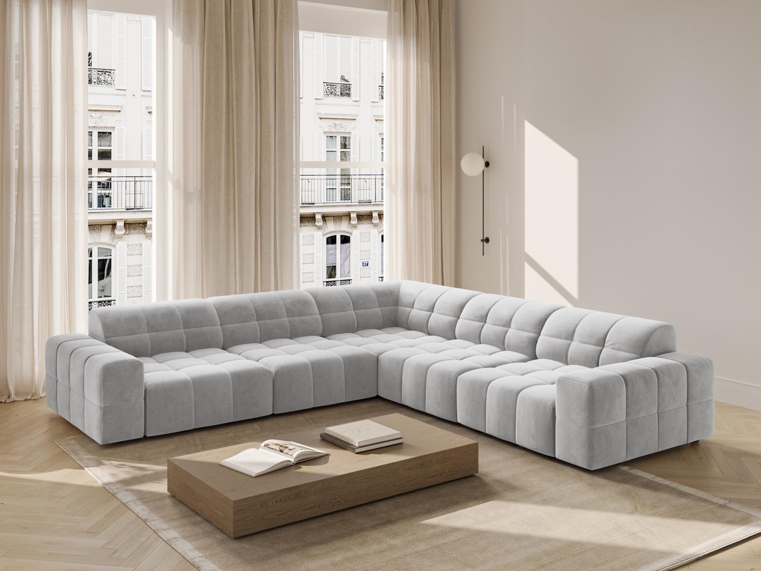 Elegantes Chicago Ecksofa in Silver-Bluvel, 4-Sitzer mit modernem Design, ideal für stilvolle Wohnräume.