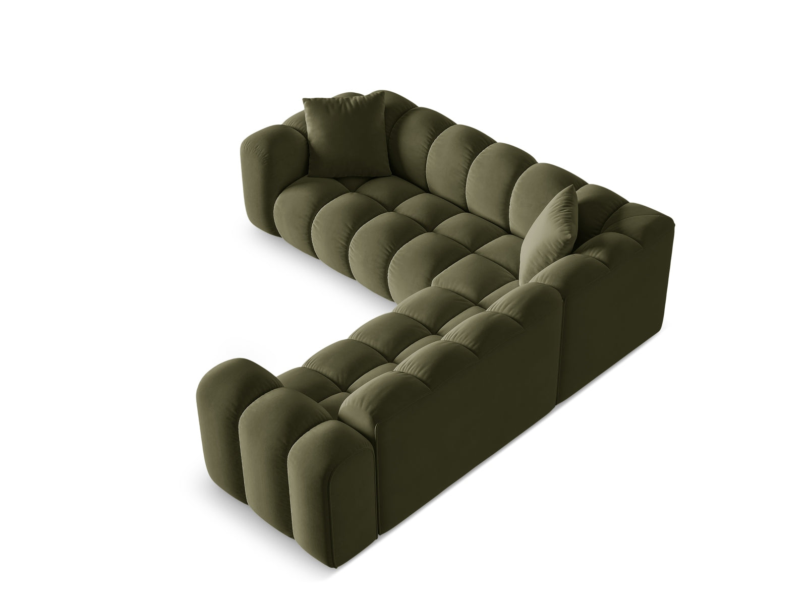 Elegantes 3-Sitzer Ecksofa Symmetric Treno in trendigem Green-Bluvel, ideal für gemütliche und moderne Wohnräume von Cosmopolitan Design.