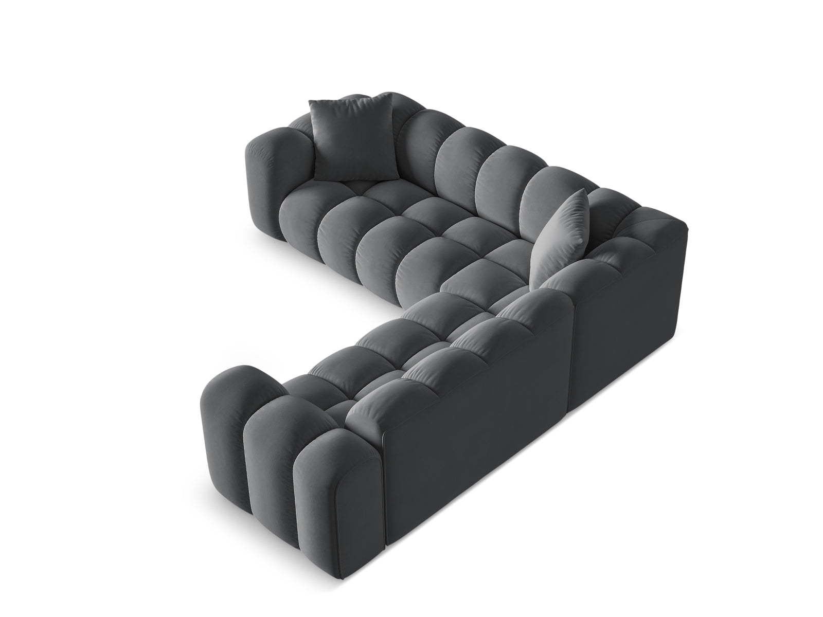 Elegantes 3-Sitzer Ecksofa Symmetric Treno in stilvollem Grau-Bluvel, ideal für gemütliche und moderne Wohnräume.