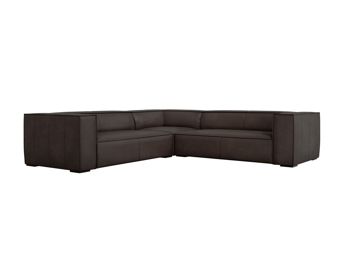 Symmetrisches Ecksofa Turin aus Rindsleder in Grey Brown-Granada, Massivholzrahmen, Beine aus schwarzem Buchenholz, 280x280cm.