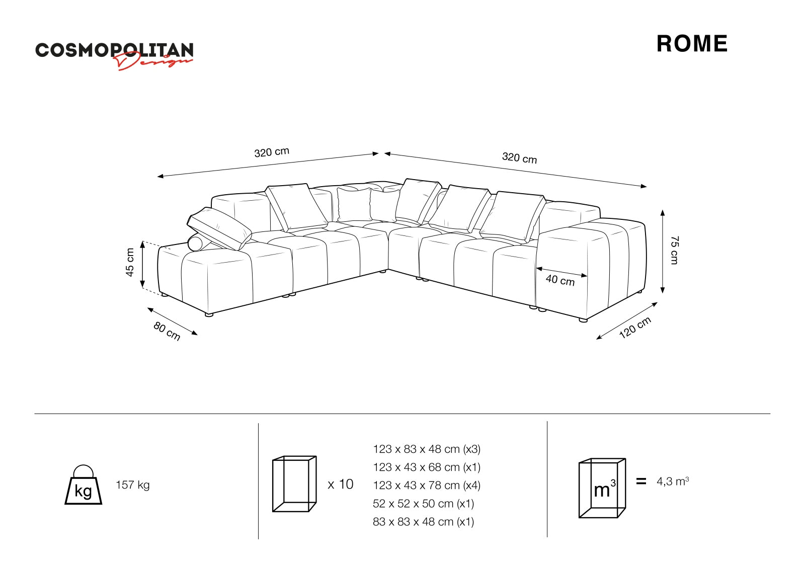 Rome Modular Reversible Ecksofa 7 Sitzer in Beige-Babel präsentiert im Onlineshop von KAQTU Design AG. Ecksofa ist von Cosmopolitan Design