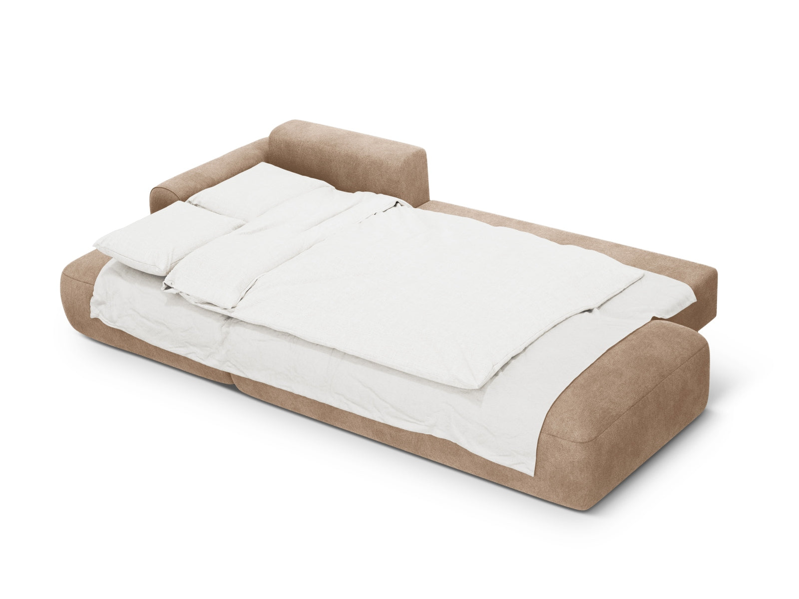 Modernes 5-Sitzer Ecksofa links mit Schlafoption und integriertem Stauraum, in edlem Dunkelbeige für ein gemütliches Ambiente.