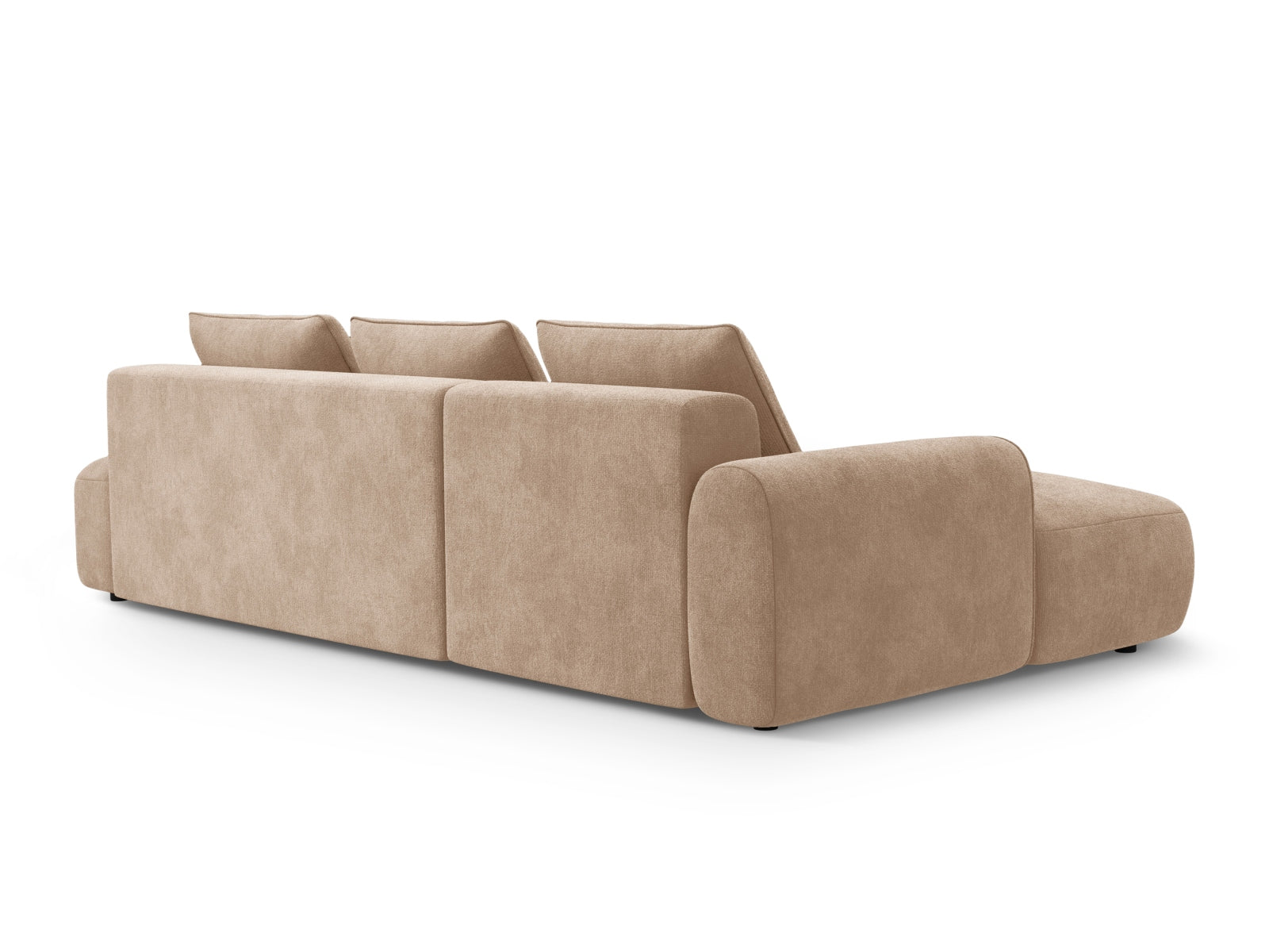 Stylisches 5-Sitzer Ecksofa links mit praktischer Schlaffunktion und Stauraum, in elegantem Dunkelbeige für einladende Wohnräume.