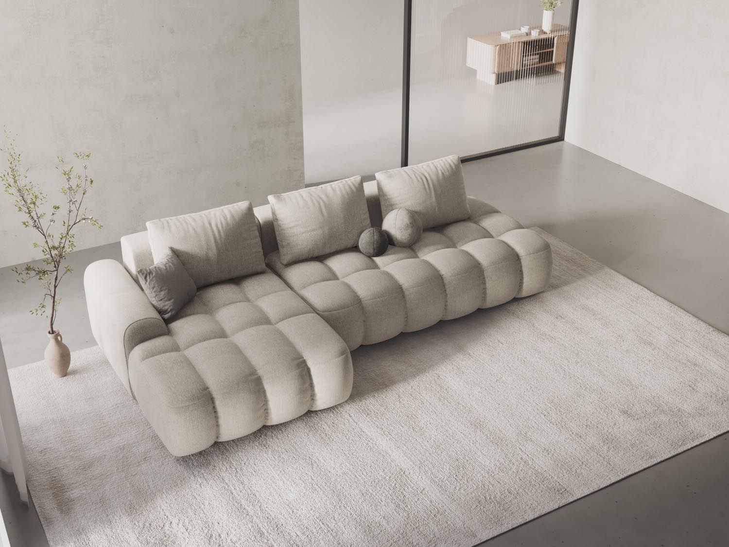 Beige Linz Ecksofa mit offener linker Seite, 3-Sitzer, ideal für Schlafgelegenheit und zusätzlichen Stauraum in stilvollen Wohnräumen.