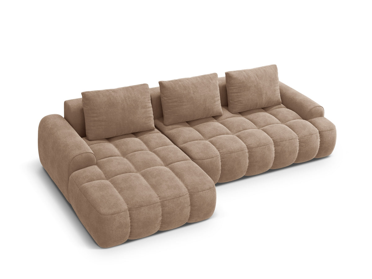 Linz Ecksofa links mit Schlaffunktion und Stauraumbox 3 Sitzer 142cm in Dark Beige-Vogue präsentiert im Onlineshop von KAQTU Design AG. Bettsofa links ist von Cosmopolitan Design