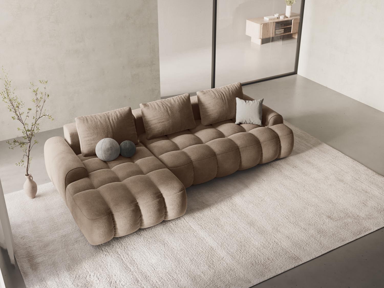 Stylisches Linz Ecksofa links mit Schlaffunktion und Stauraum, 3-Sitzer in elegantem Dark Beige-Vogue, ideal für moderne Wohnräume.