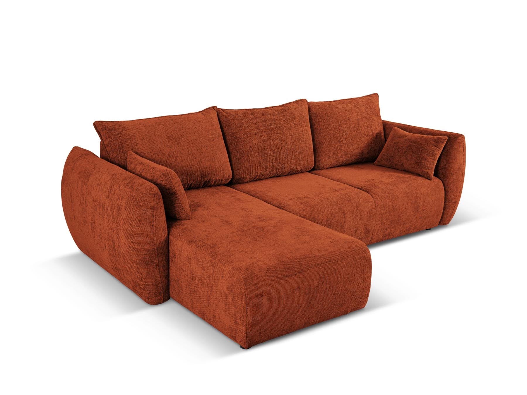 Modernes 4-Sitzer Ecksofa Matera in warmem Terracotta, perfekt für gemütliche Stunden und als Schlafsofa mit zusätzlichem Stauraum.