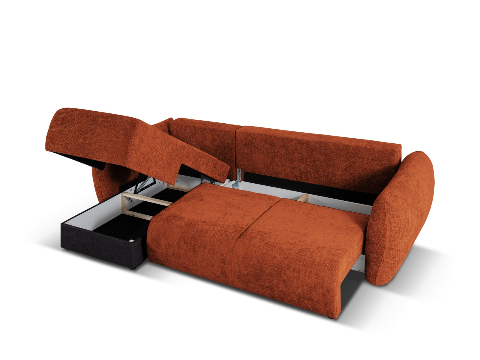Stylisches 4-Sitzer Ecksofa Matera in elegantem Terracotta, ideal für entspannte Abende und als praktisches Schlafsofa mit Stauraum.