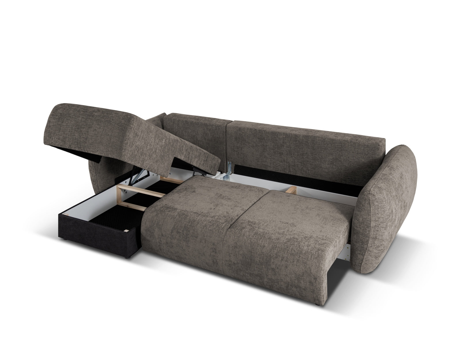 Modernes 4-Sitzer Ecksofa Matera in stilvollem Grau, ideal für entspannte Stunden und als Schlafsofa, mit praktischem Stauraum für mehr Ordnung.