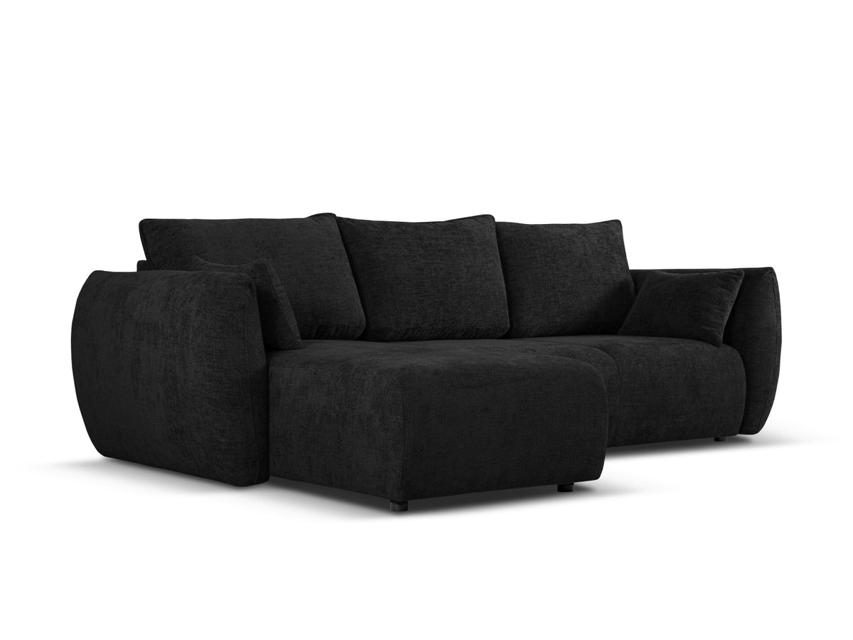 Ecksofa Matera links mit Stoffbezug Eden in Schwarz, Récamière und schwarze Kunststoffbeine