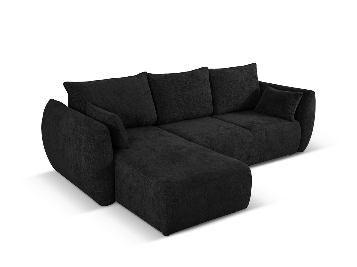 Ecksofa Matera links mit Stoffbezug Eden in Schwarz, Récamière und schwarze Kunststoffbeine