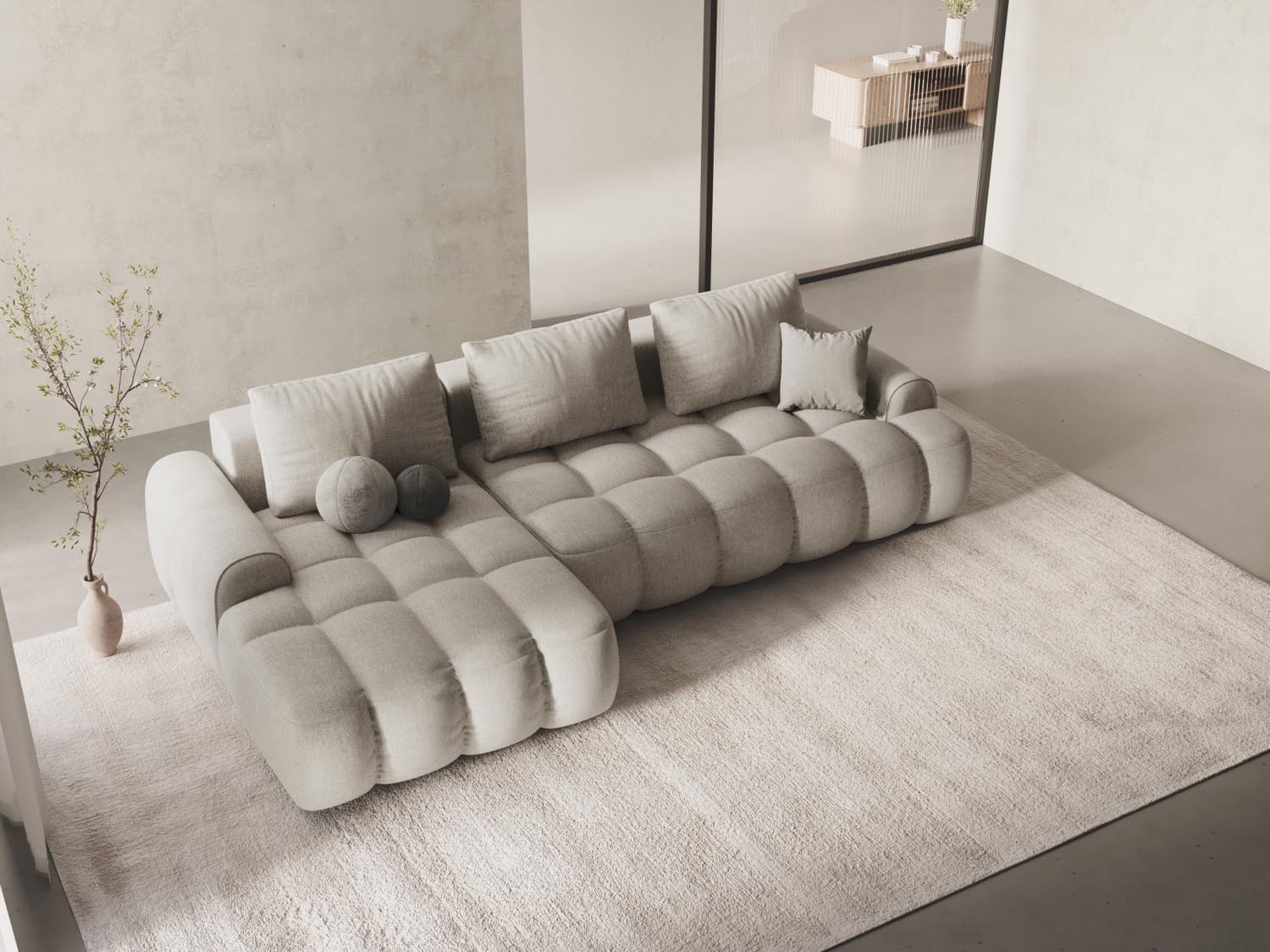 Beige Linz Ecksofa links mit Schlaffunktion und Stauraum, ideal für stilvolle Wohnräume, präsentiert in einem modernen Ambiente.