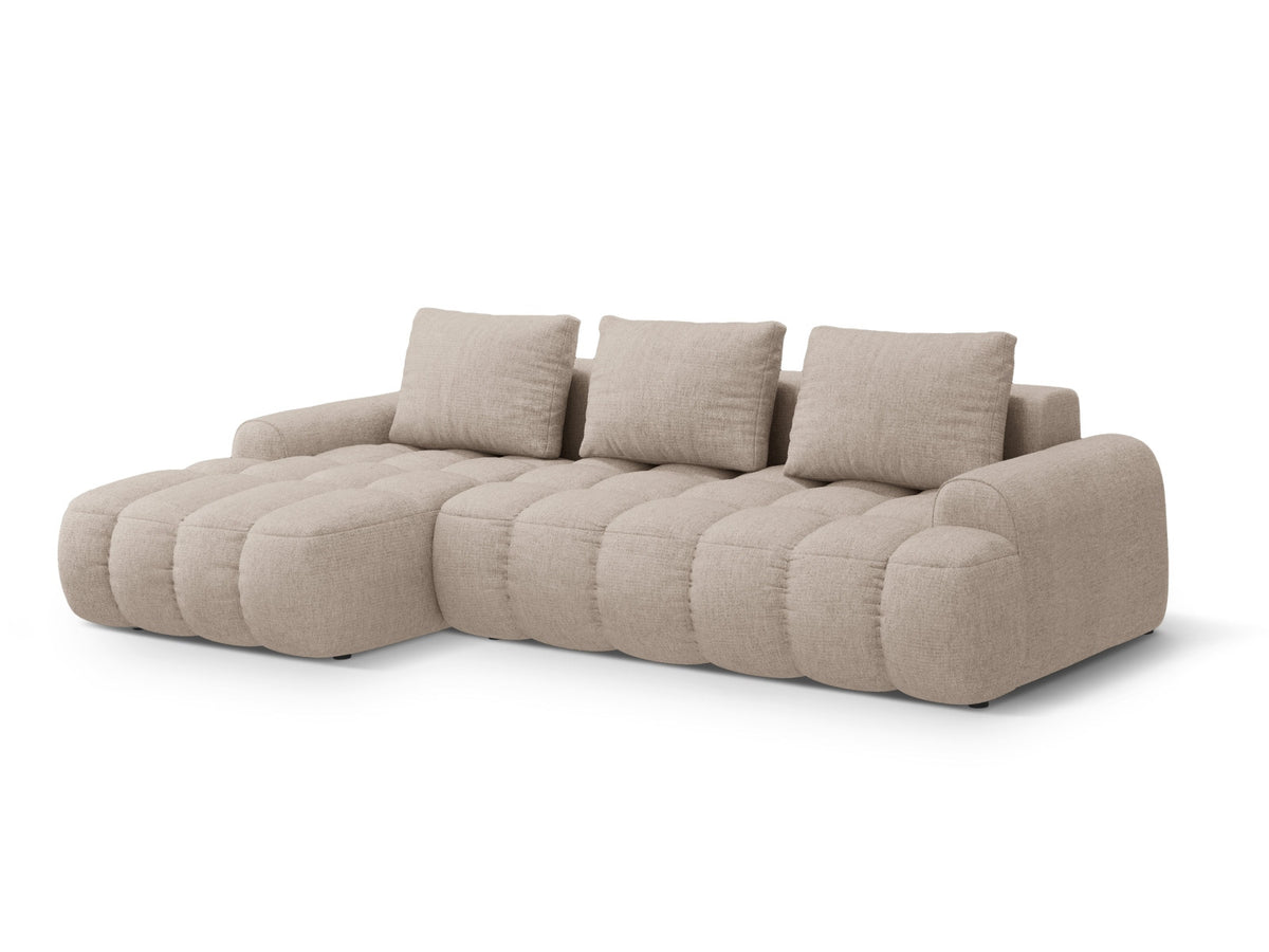 Linz Ecksofa links mit Schlaffunktion und Stauraumbox 3 Sitzer 142cm in Sand-Sorella präsentiert im Onlineshop von KAQTU Design AG. Bettsofa links ist von Cosmopolitan Design