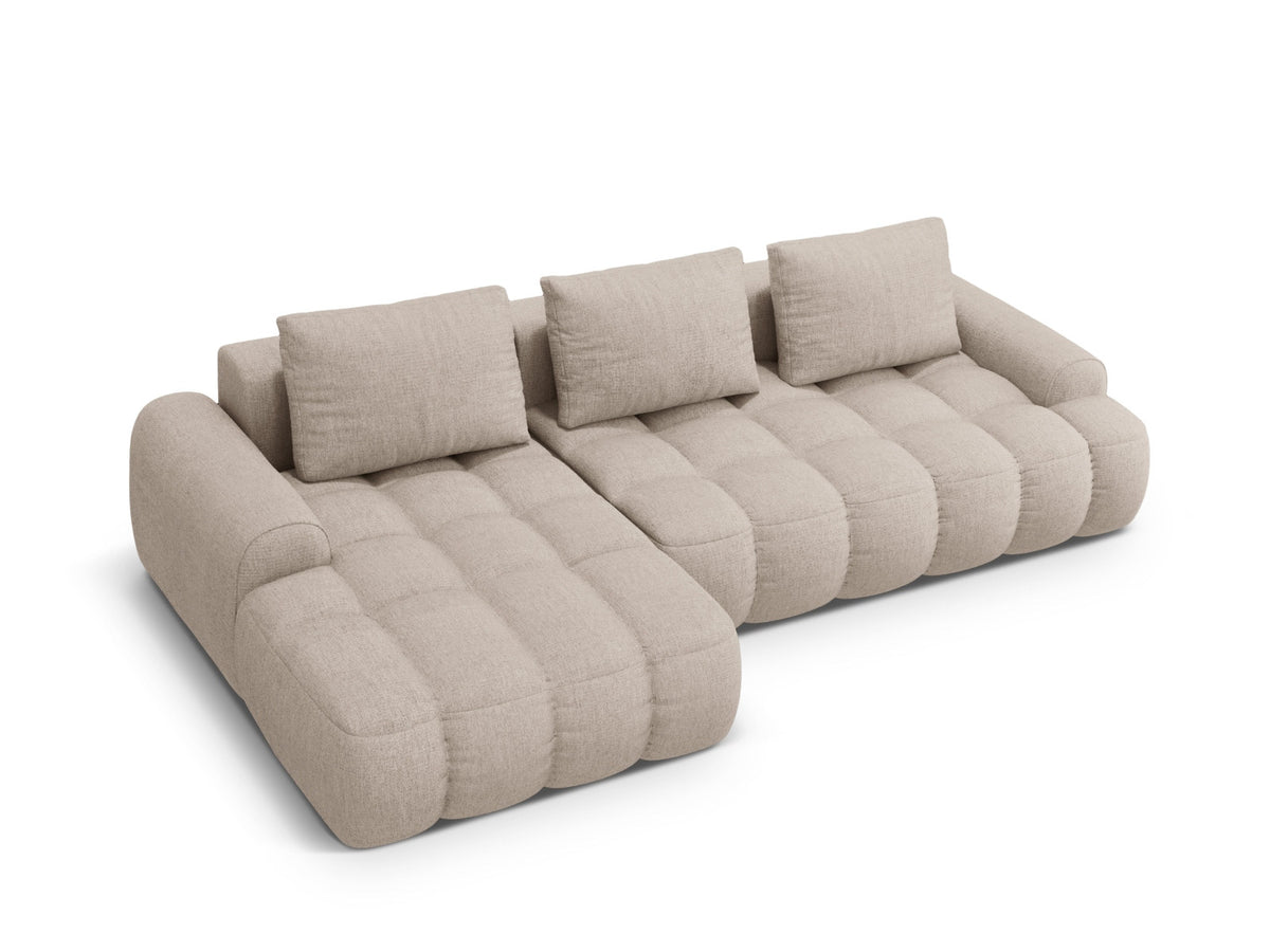 Linz Ecksofa links mit Schlaffunktion und Stauraumbox 3 Sitzer 142cm in Sand-Sorella präsentiert im Onlineshop von KAQTU Design AG. Bettsofa links ist von Cosmopolitan Design