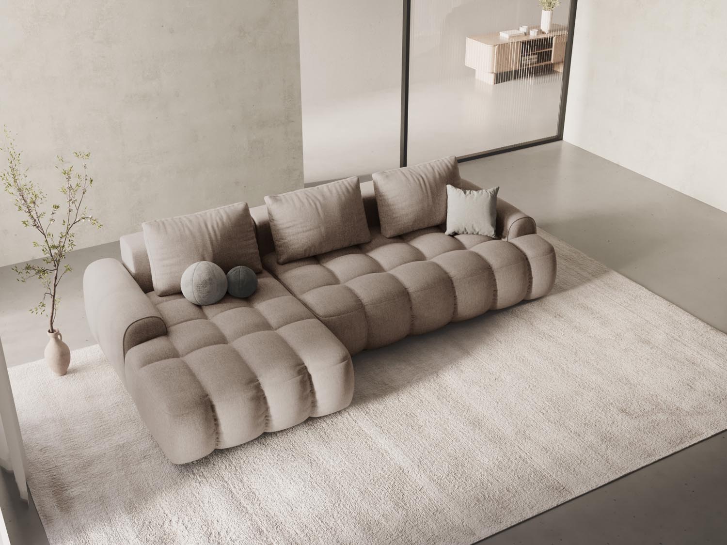 Modernes Linz Ecksofa links in Sand-Sorella, ideal für stilvolle Wohnräume, mit praktischer Schlaffunktion und Stauraum.