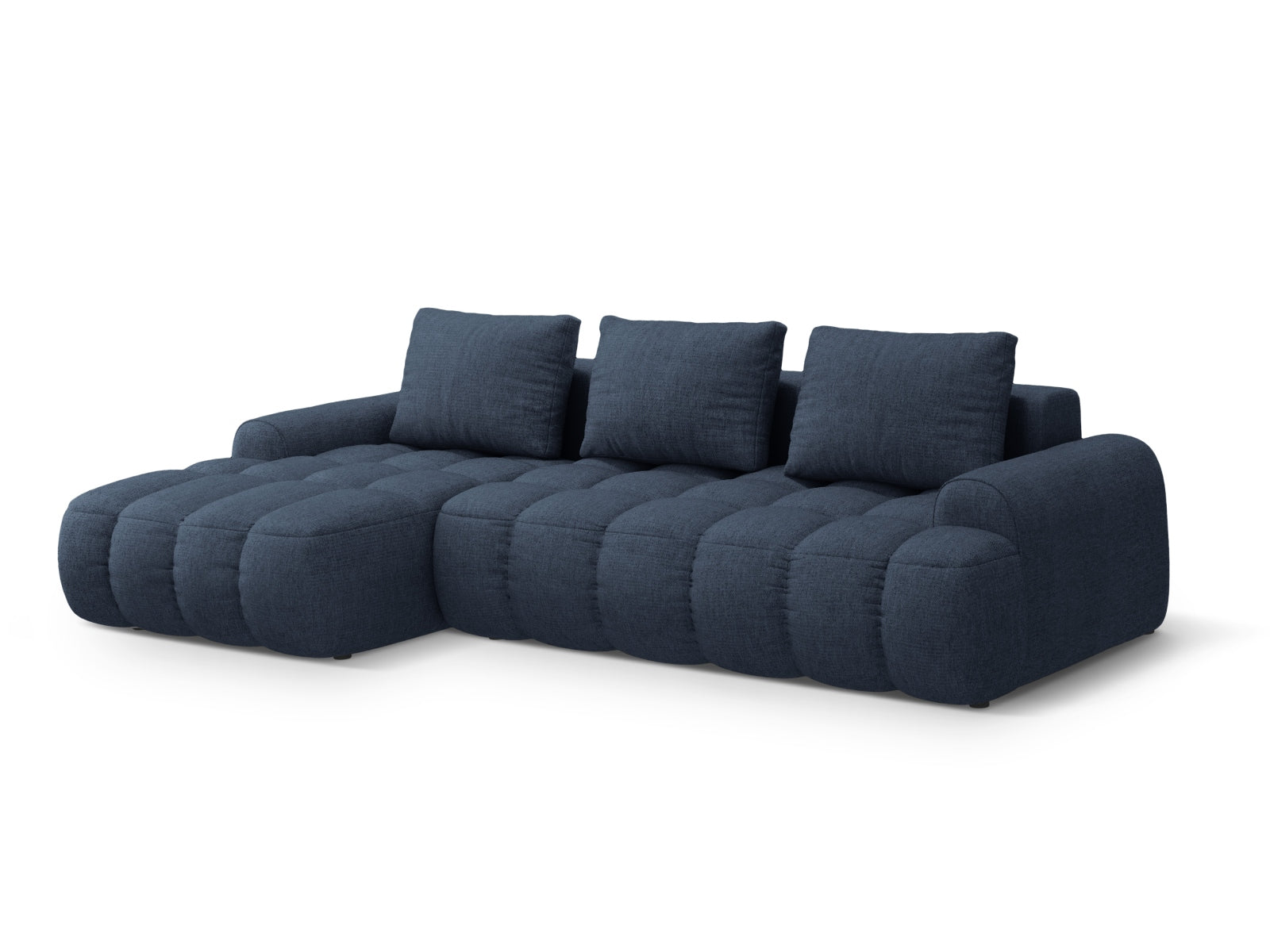 Elegantes Linz Ecksofa links in tiefem Blau, ausgestattet mit Schlaffunktion und praktischer Stauraumbox für zusätzlichen Komfort.