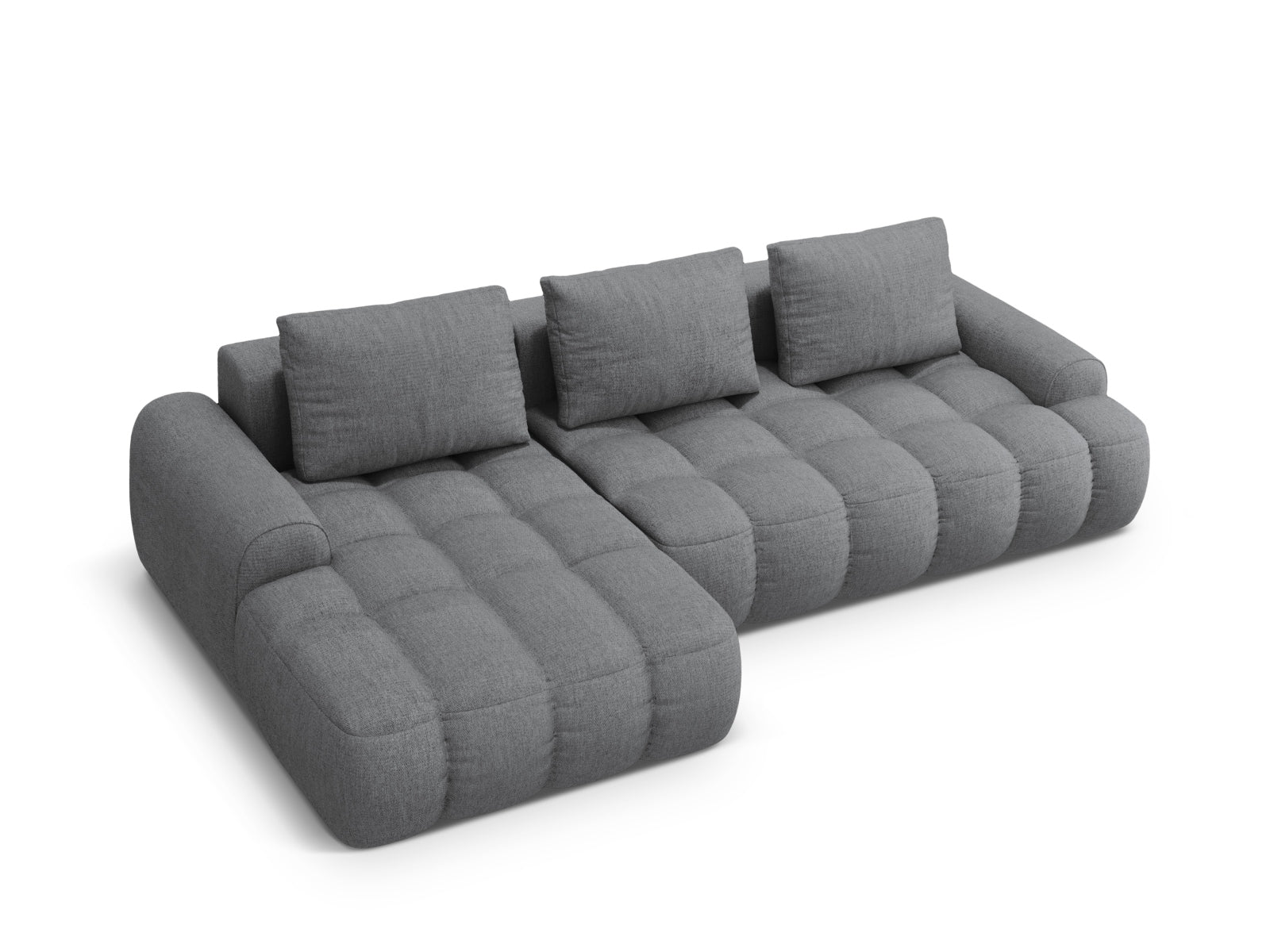 Modernes Linz Ecksofa links in stilvollem Grau, ideal für kleine Räume, bietet Schlaffunktion und Stauraum für Kissen und Decken.