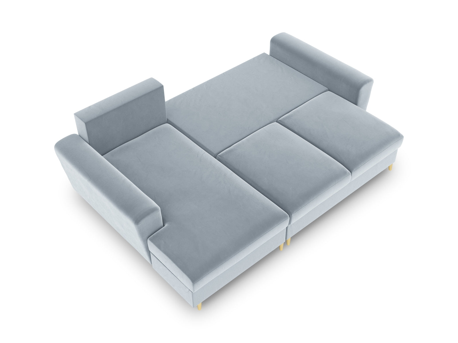 Modernes Kyoto Ecksofa links in zartem Blau, 4-Sitzer mit integrierter Schlaffunktion und Stauraum, ideal für gemütliche Wohnräume.