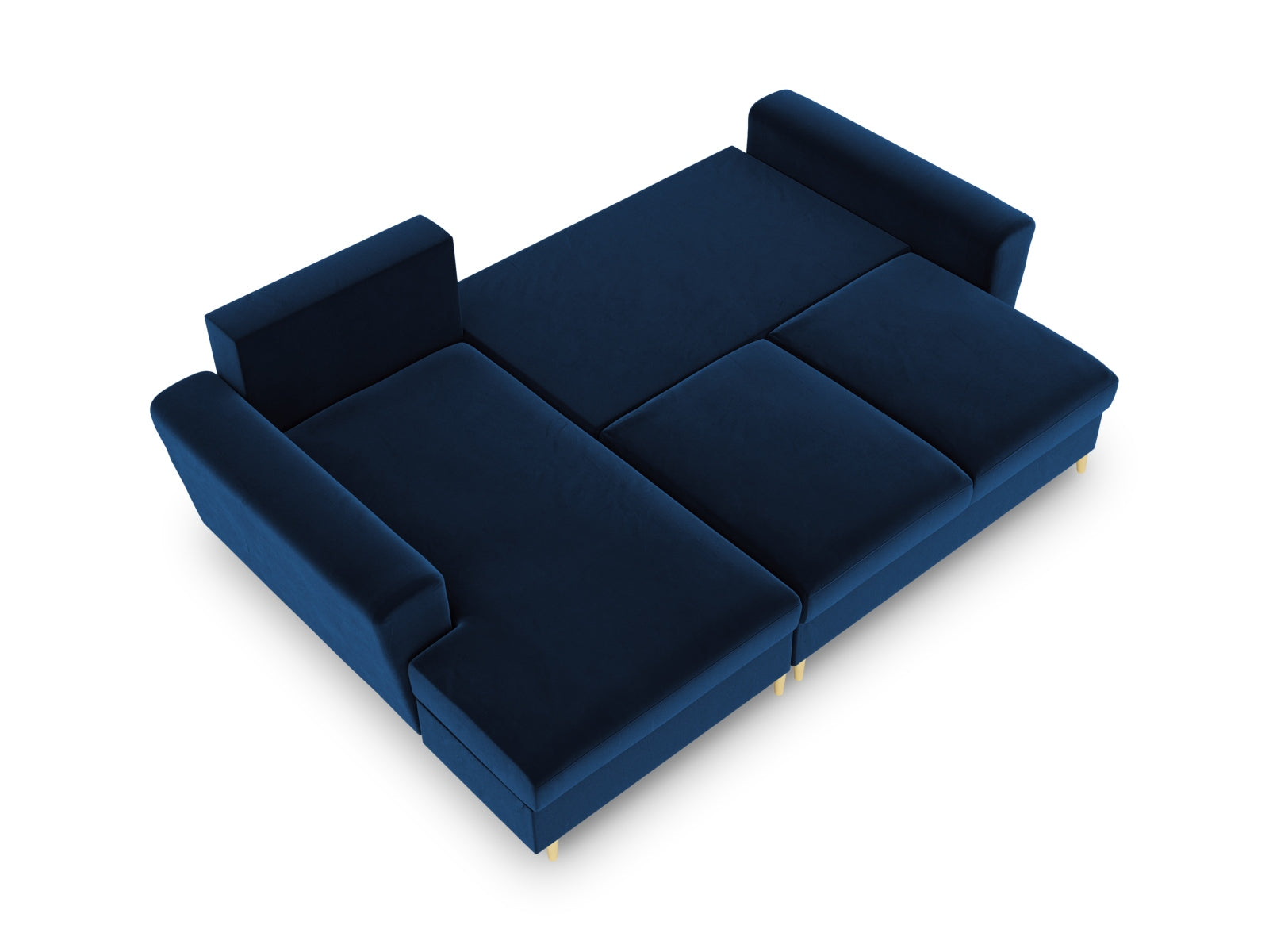 Modernes Kyoto Ecksofa links in Royal Blue, 4-Sitzer mit Schlafoption und Stauraum, ideal für gemütliche und funktionale Wohnräume.