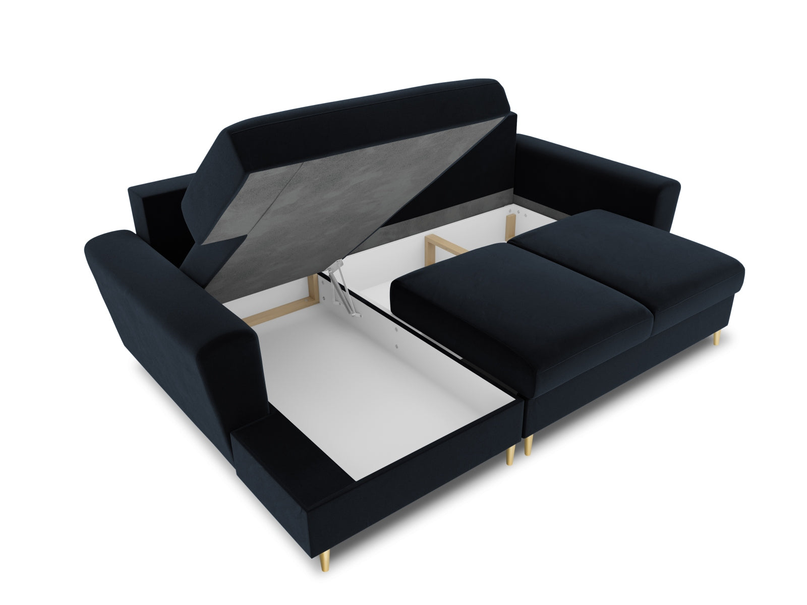 Elegantes Kyoto Ecksofa links in dunklem Blau, 4-Sitzer mit Schlafoption und Stauraum, ideal für modernes Wohnen und Gästeübernachtungen.