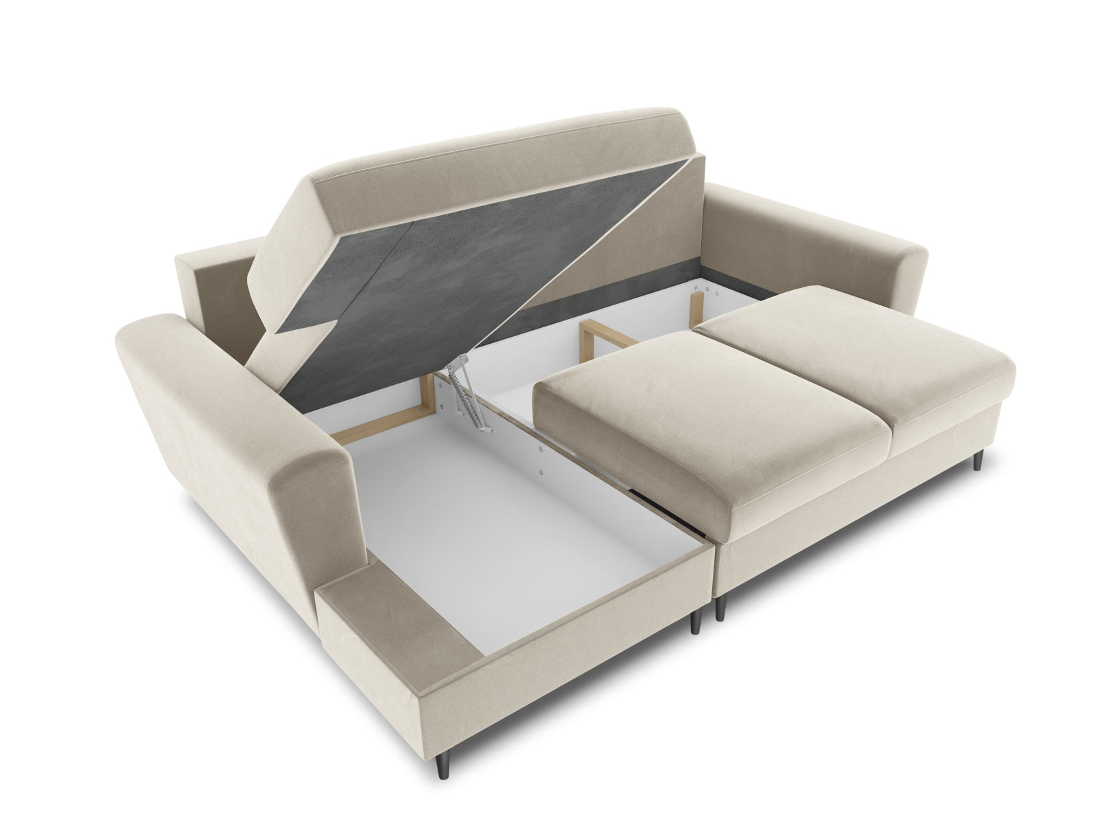 Modernes Kyoto Ecksofa links in sanftem Beige, 4-Sitzer mit cleverer Schlaffunktion und integriertem Stauraum für optimale Raumnutzung.