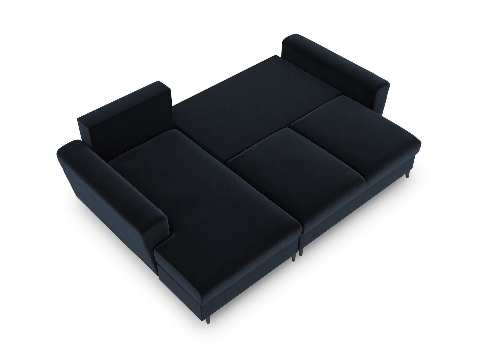 Stylisches Kyoto Ecksofa links in tiefem Blau, 4-Sitzer mit praktischer Schlaffunktion und integriertem Stauraum für optimale Raumnutzung.