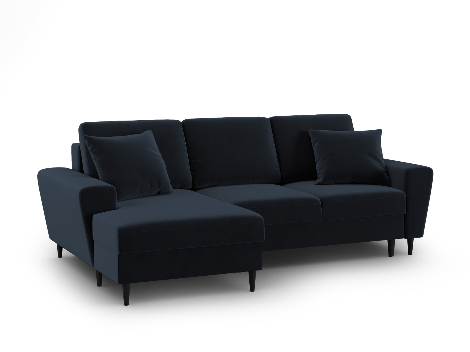 Stylisches Kyoto Ecksofa links in tiefem Blau, 4-Sitzer mit praktischer Schlaffunktion und integriertem Stauraum für optimalen Komfort.