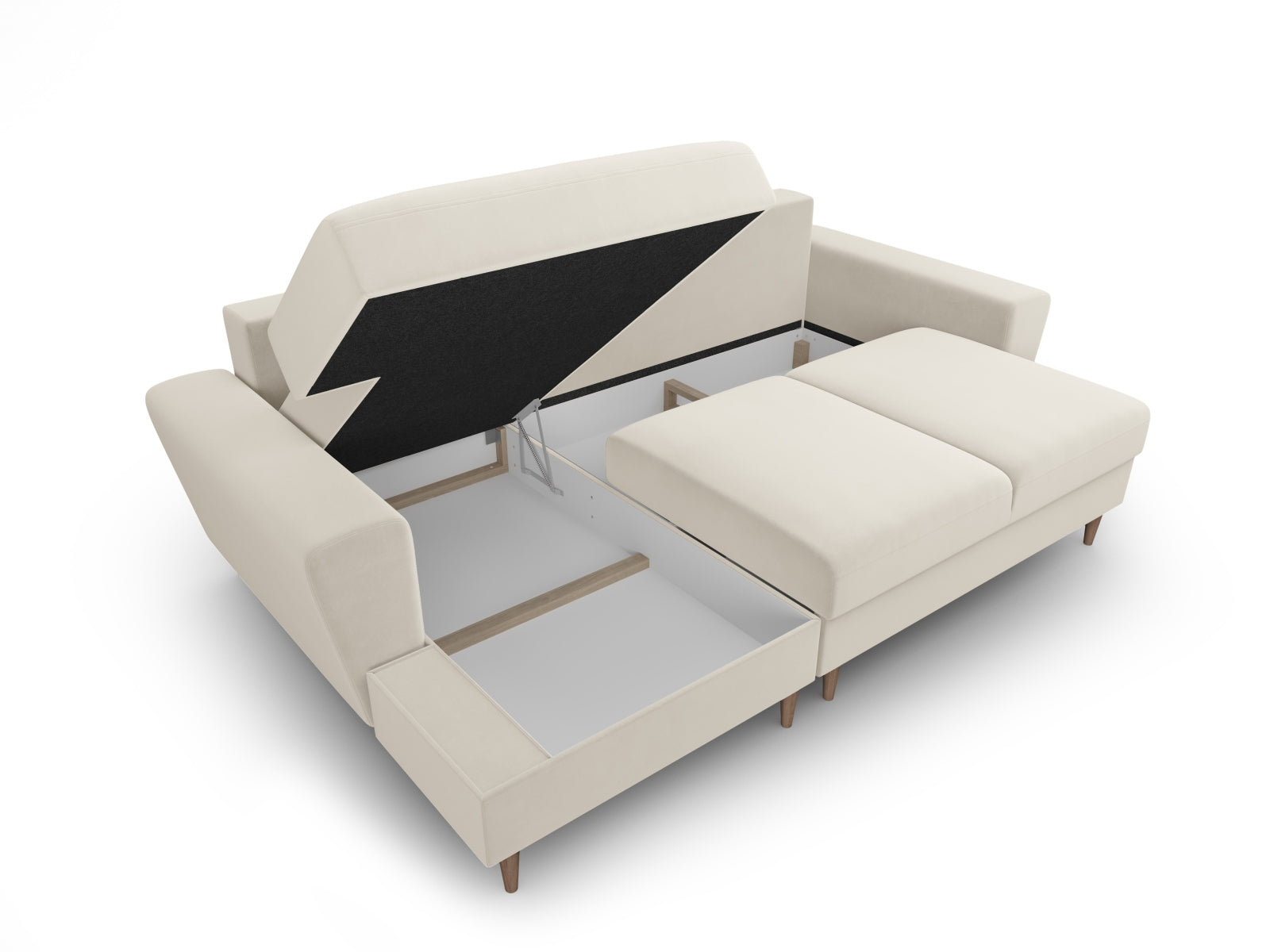 Stylisches Kyoto Ecksofa links in elegantem Beige, 4-Sitzer mit praktischer Schlaffunktion und integriertem Stauraum für optimale Raumnutzung.