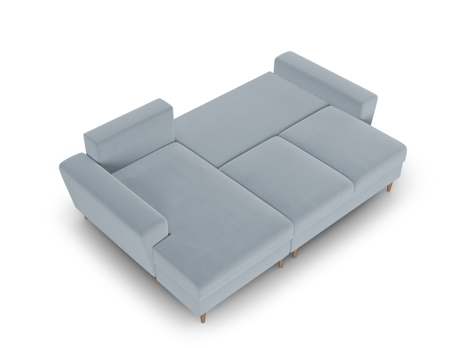 Elegantes Kyoto Ecksofa links in zartem Blau, 4-Sitzer mit integrierter Schlaffunktion und Stauraum für optimale Raumnutzung.