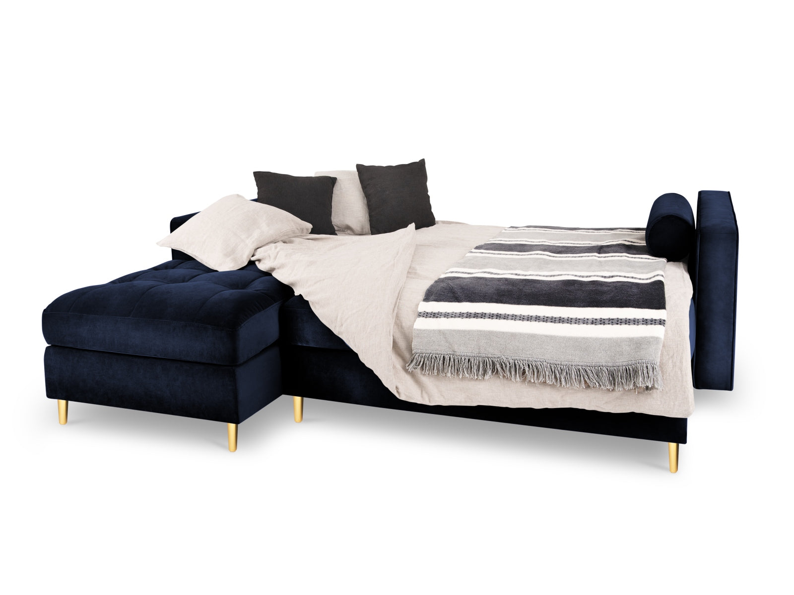 Elegantes 5-Sitzer Ecksofa links Aspen in Royal Blue, ideal für gemütliche Abende, bietet Schlaffunktion und praktischen Stauraum.