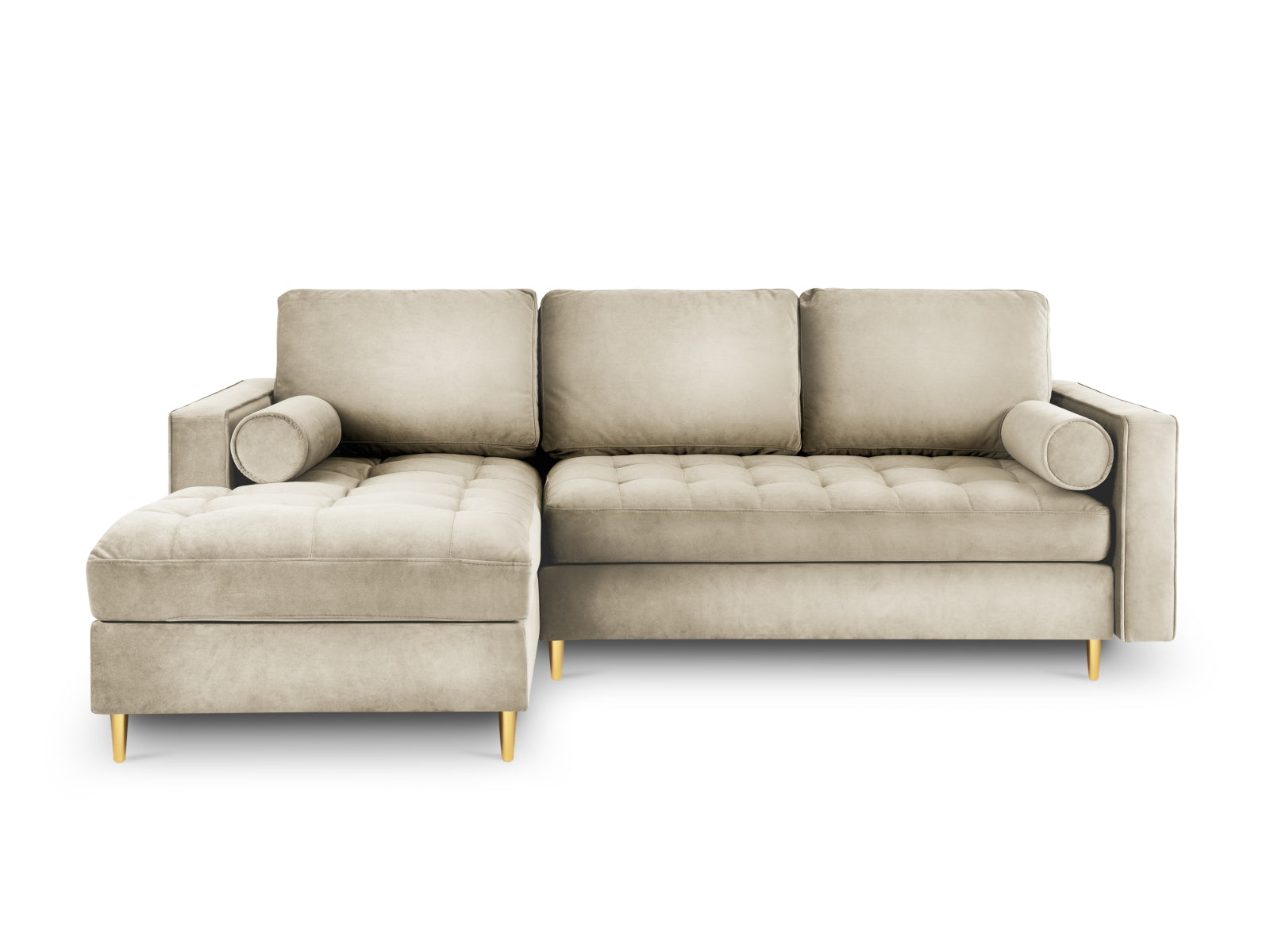 Modernes 5-Sitzer Ecksofa links Aspen in edlem Dunkelbeige, perfekt für gemütliche Abende und als Schlafgelegenheit mit praktischem Stauraum.