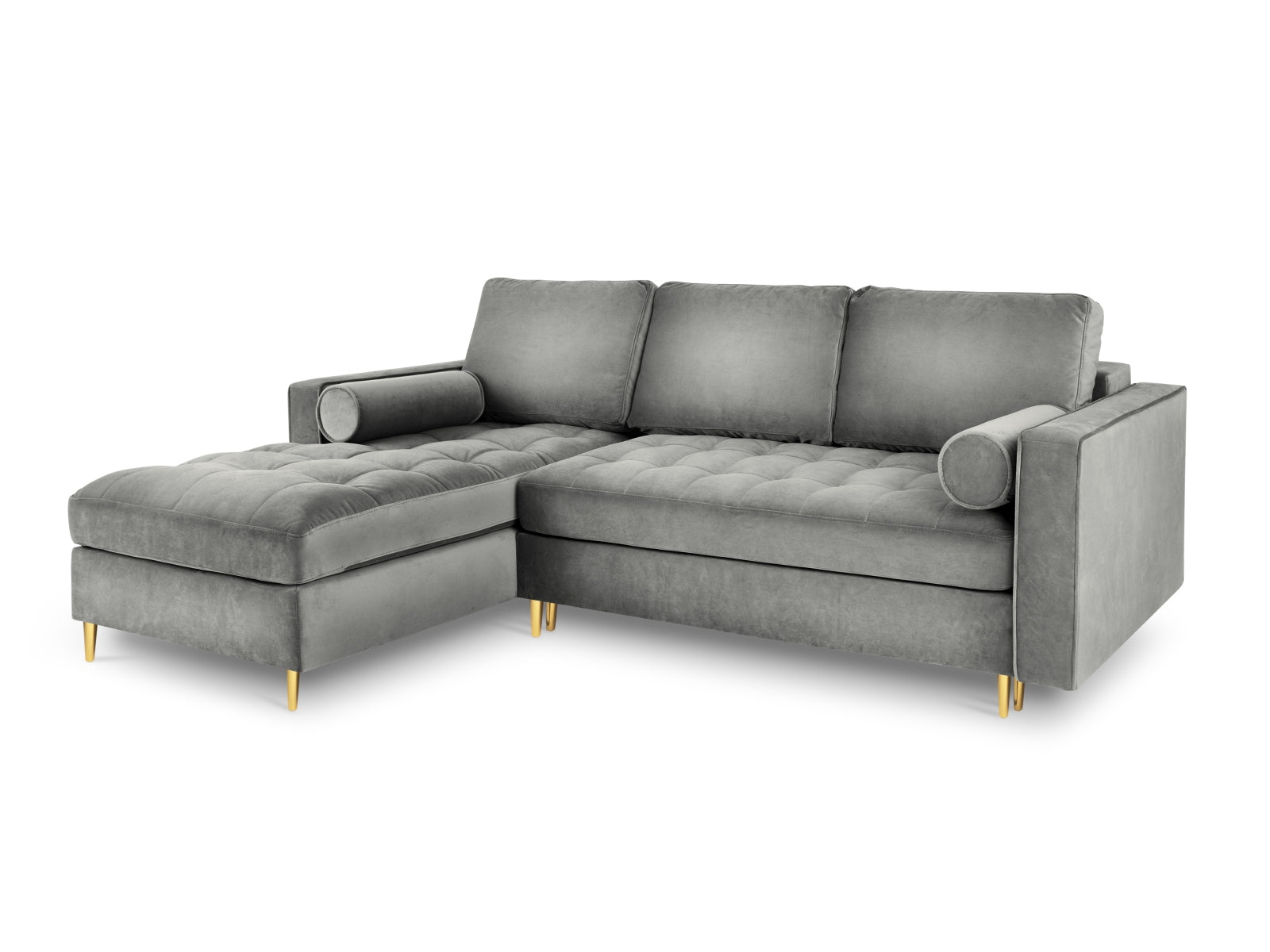 Stylisches 5-Sitzer Ecksofa Aspen in zeitlosem Grau, perfekt für gemütliche Abende, mit cleverer Schlaffunktion und integriertem Stauraum.
