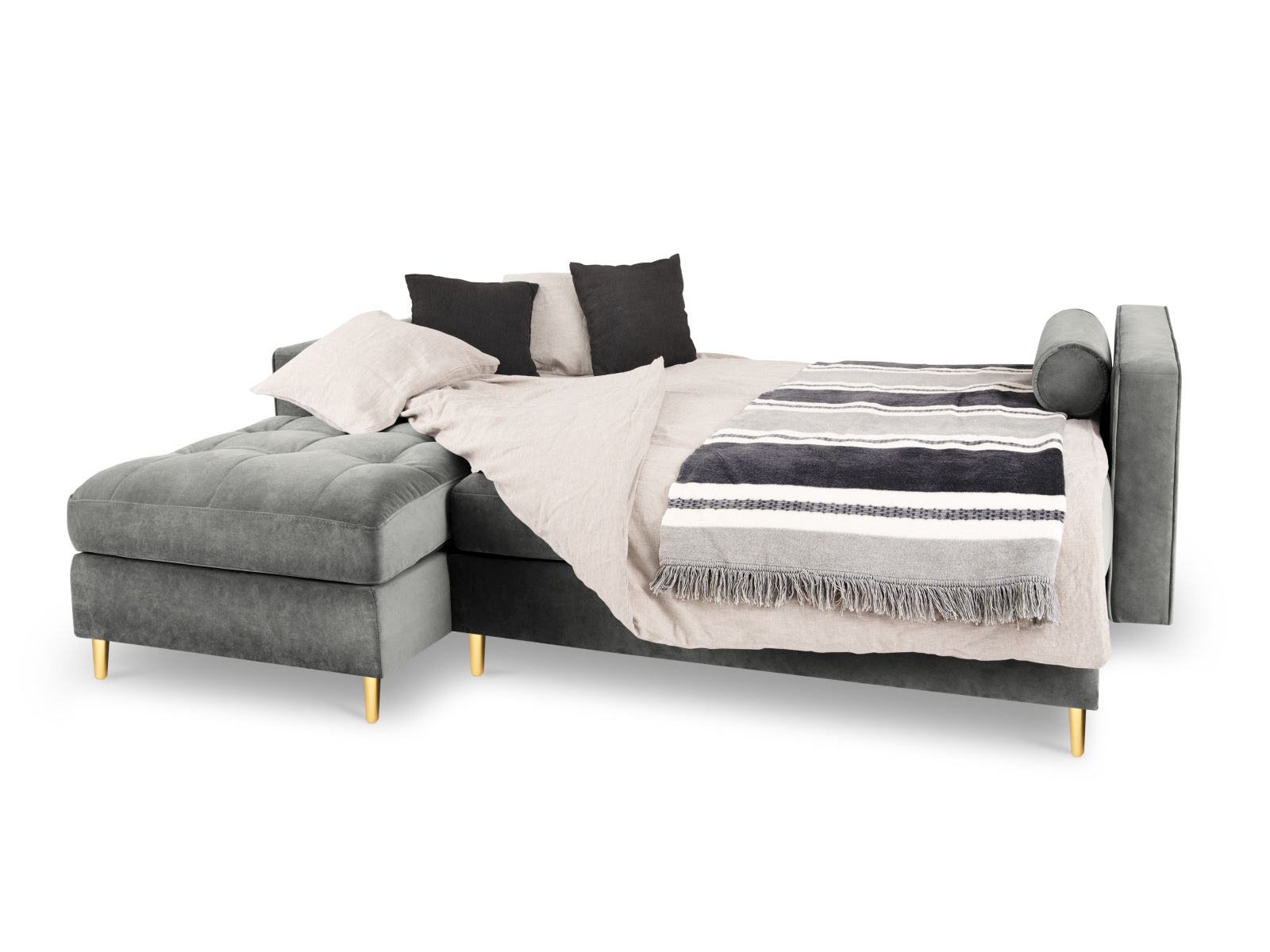 Modernes 5-Sitzer Ecksofa Aspen in elegantem Grau, ideal für entspannte Stunden, bietet praktische Schlaffunktion und Stauraum.