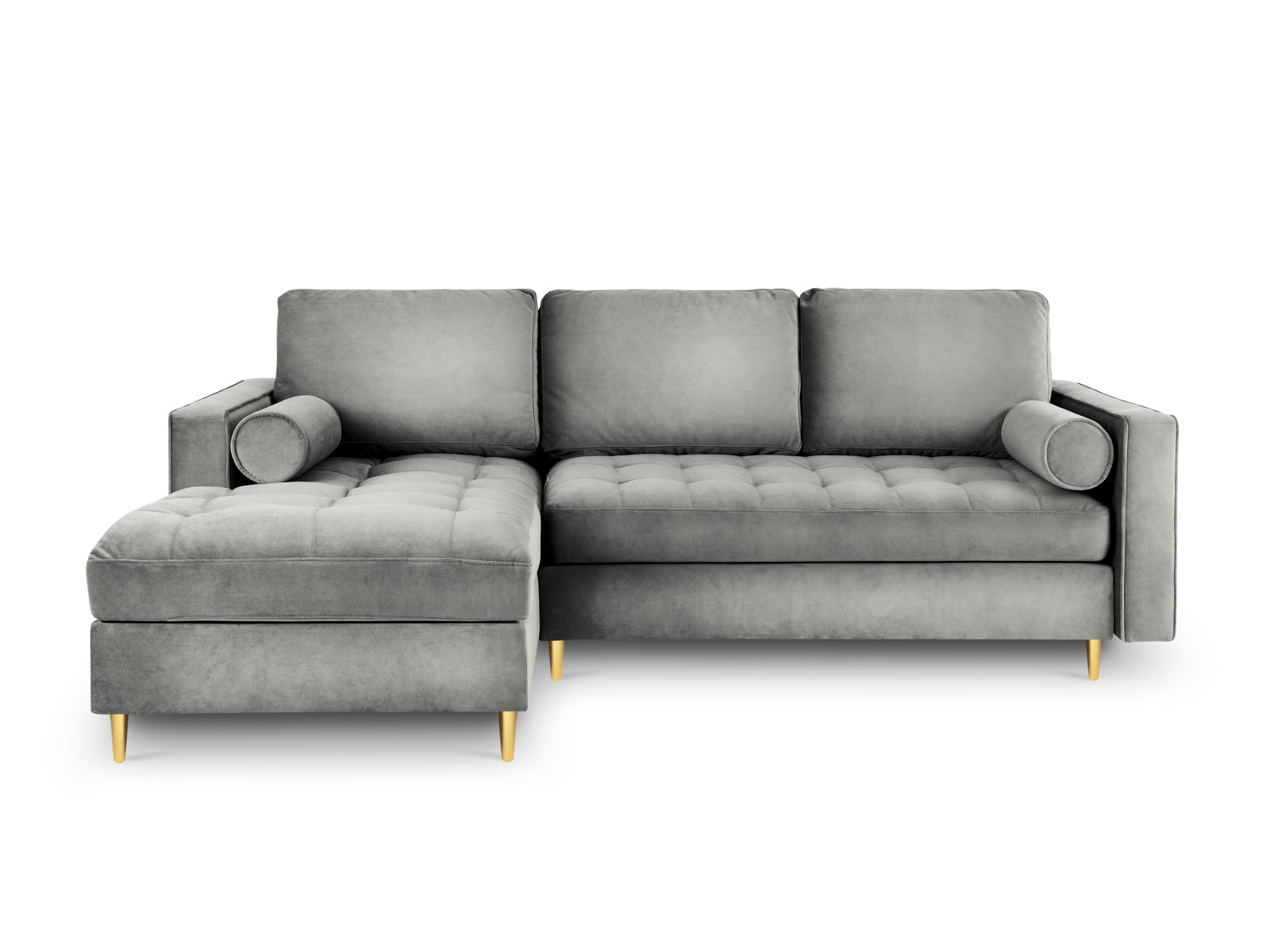 Stylisches 5-Sitzer Ecksofa Aspen in zeitlosem Grau, perfekt für Wohnräume, mit cleverer Schlaffunktion und integriertem Stauraum.