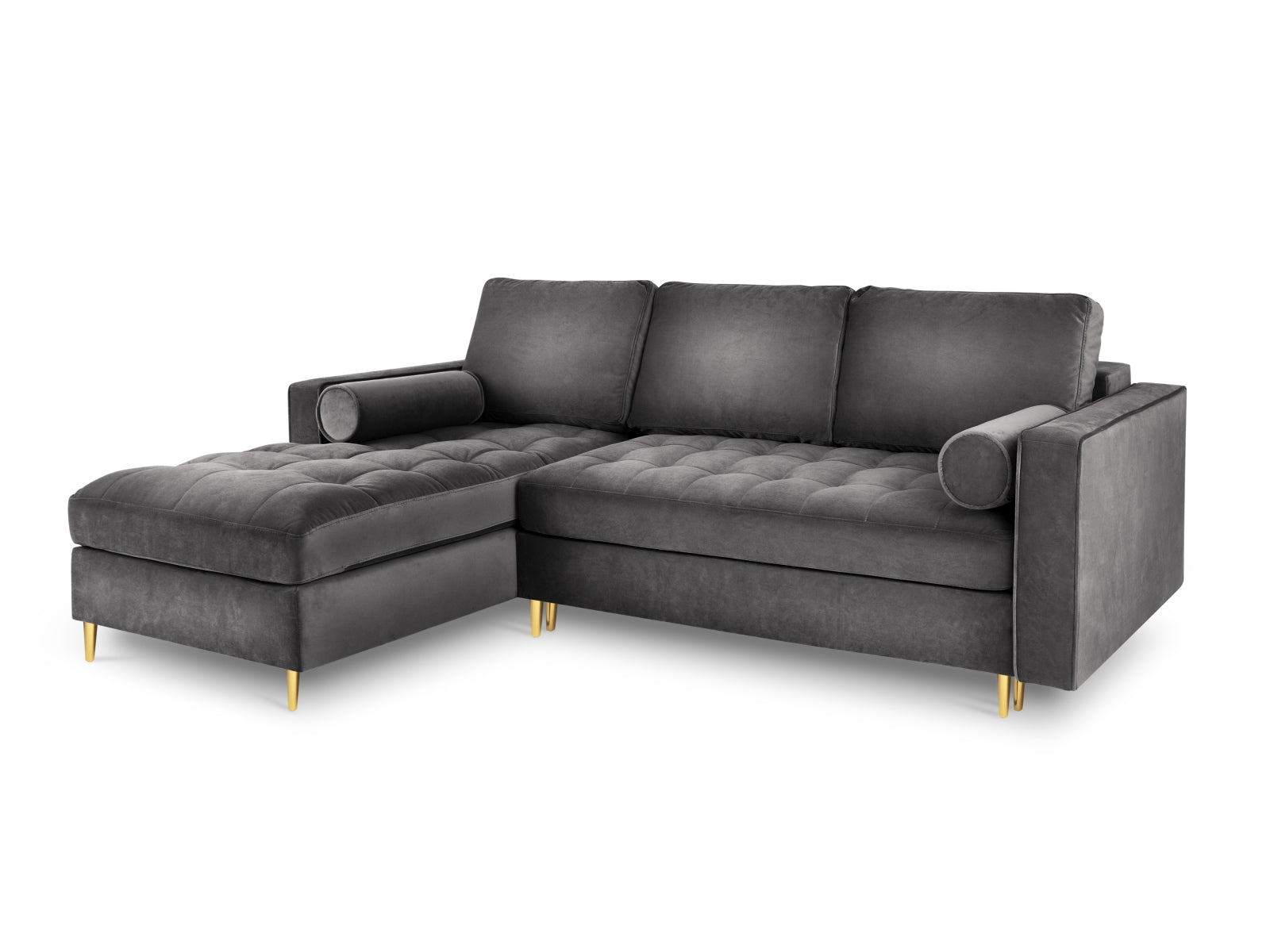 Elegantes 5-Sitzer Ecksofa links Aspen in Dunkelgrau, perfekt für Wohnräume, bietet Schlaffunktion und cleveren Stauraum für mehr Komfort.