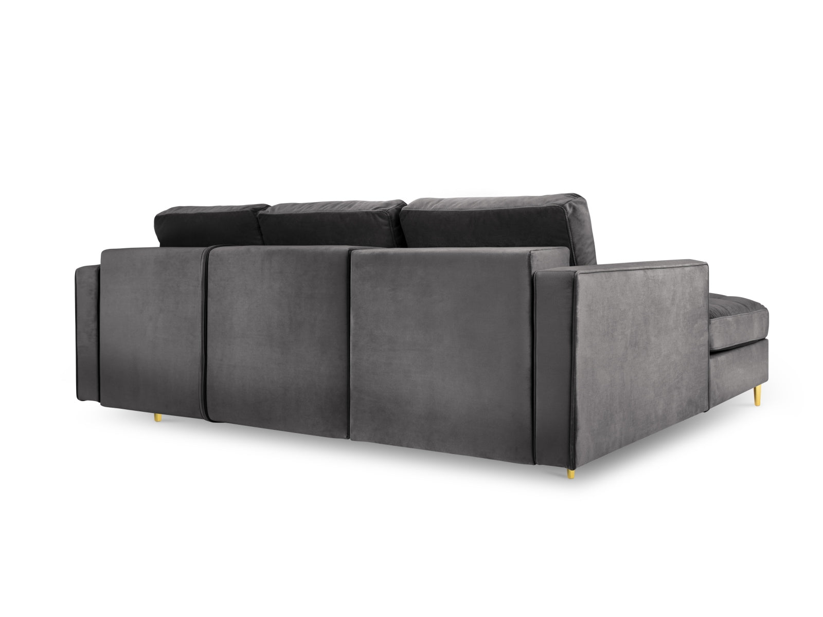 Modernes 5-Sitzer Ecksofa links Aspen in stilvollem Dunkelgrau, ideal für Gästeübernachtungen und mit praktischem Stauraum für Kissen und Decken.