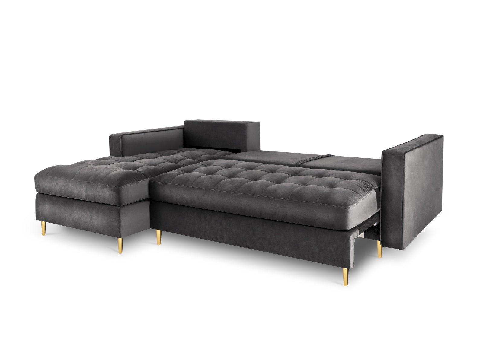 Elegantes 5-Sitzer Ecksofa links Aspen in Dunkelgrau, perfekt für entspannte Abende und bietet zusätzlichen Stauraum für Ihre Wohnaccessoires.
